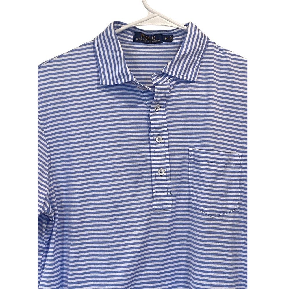 Polo Ralph Lauren Mens Medium Blue White‎ Striped Cotton Short Sleeve Polo Shirt